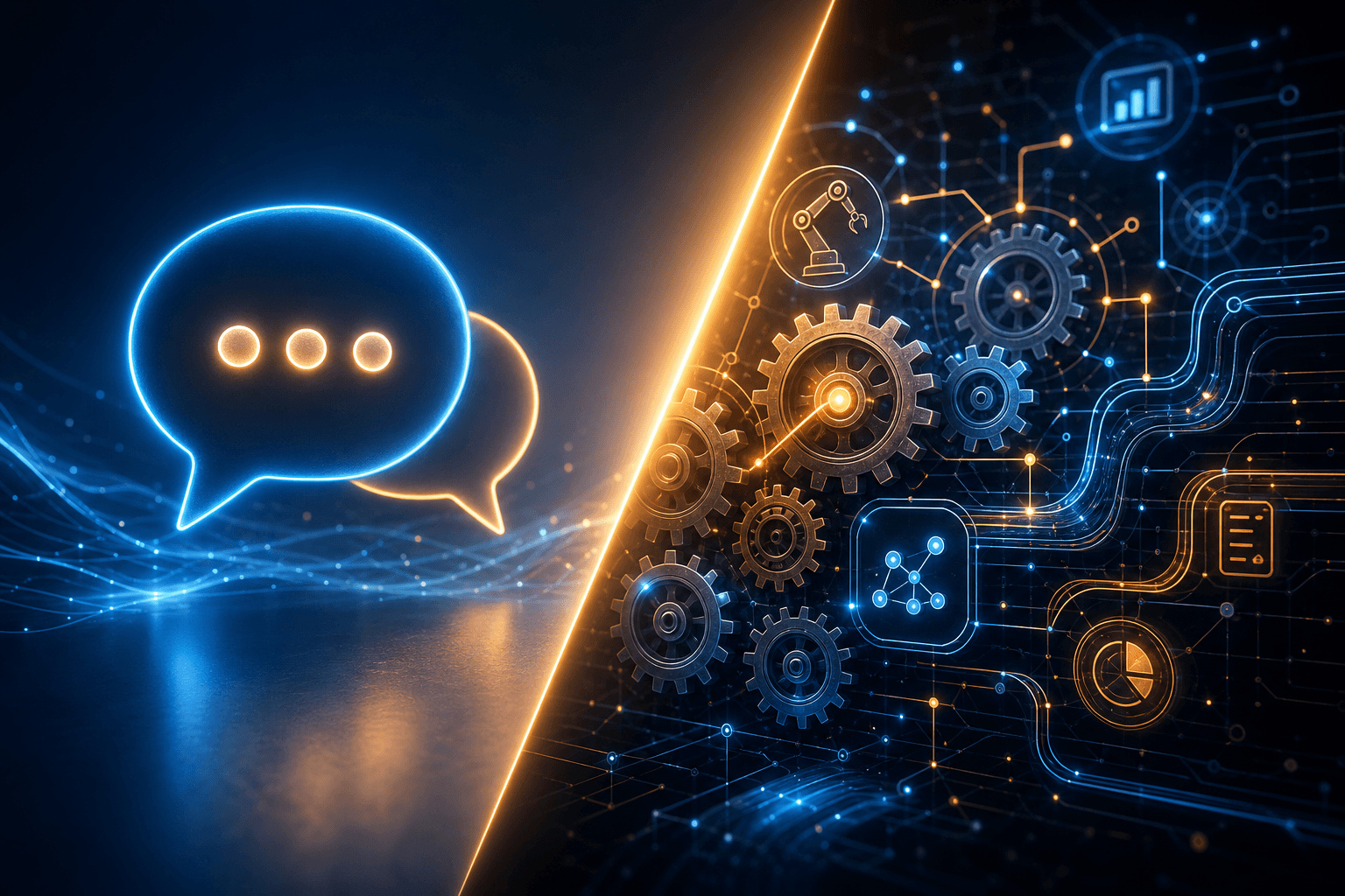Conceptual image contrasting an AI chatbot speech bubble with an AI agent automated workflow network