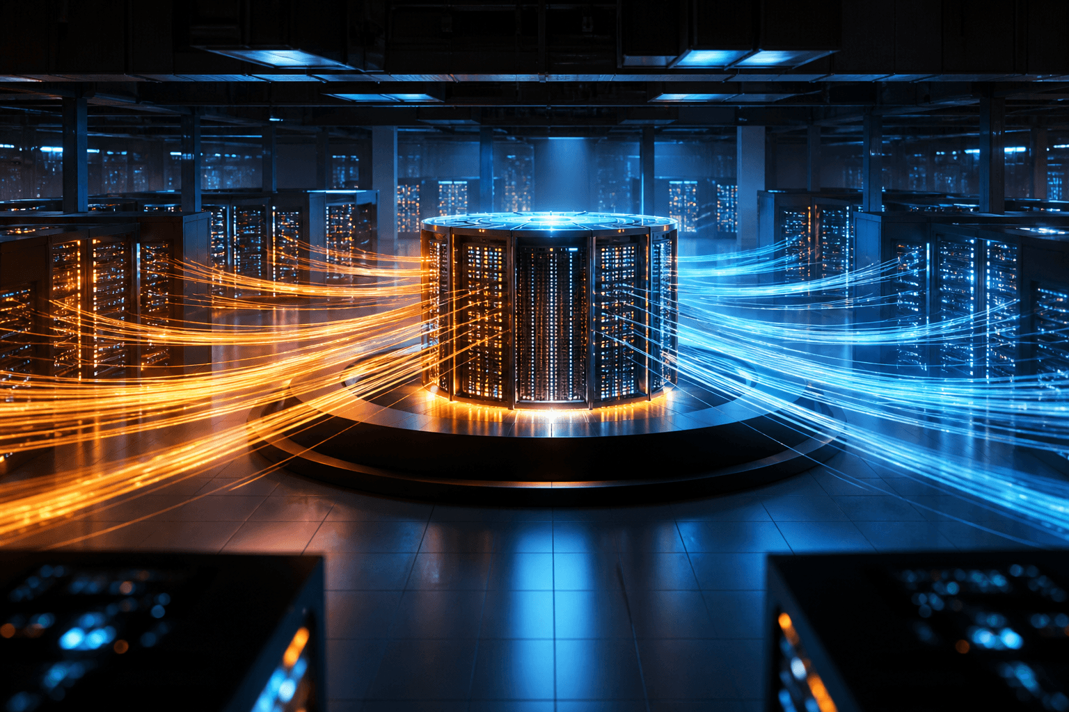 Organized data streams flowing into a central AI hub illustrating a business AI data strategy foundation