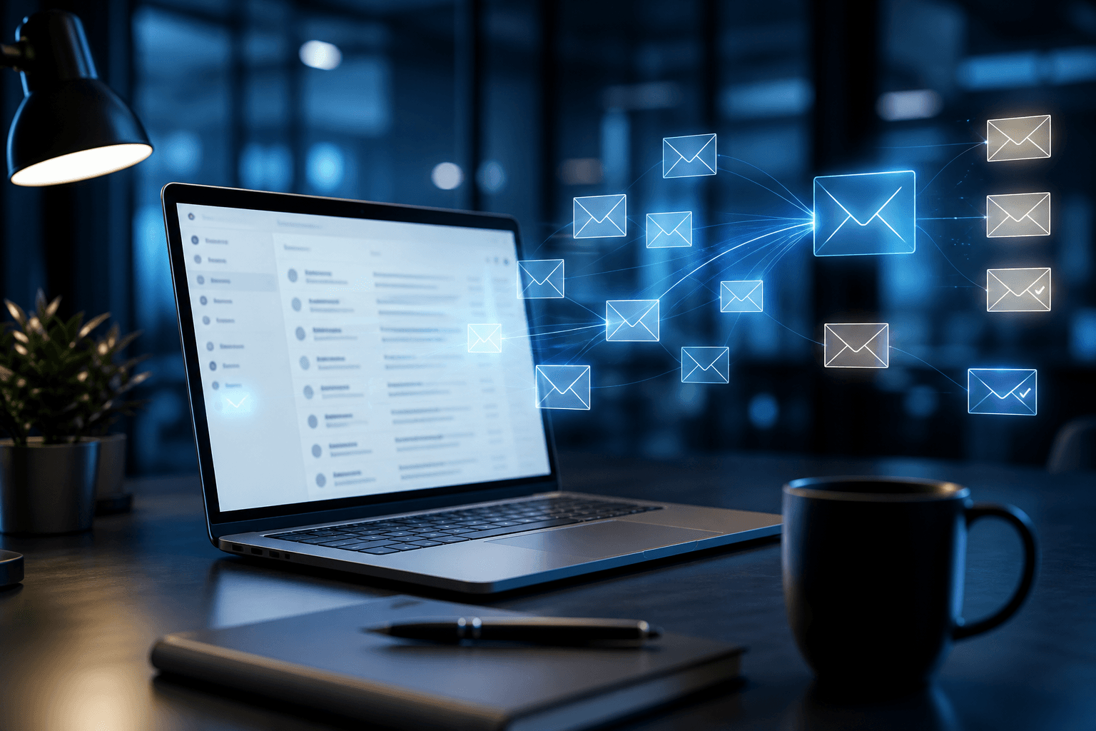 AI email automation sorting and organizing a clean inbox on a modern laptop with glowing digital envelopes