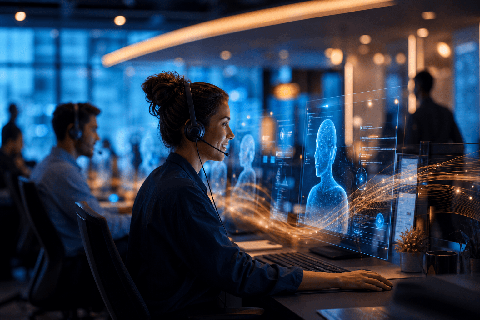 Modern customer service center showing AI support automation working alongside human agents in dramatic lighting
