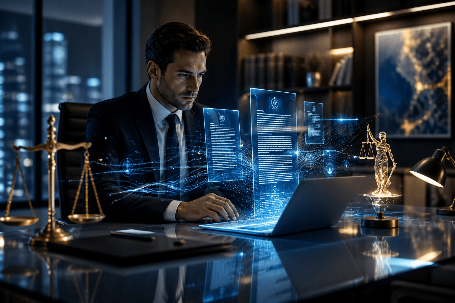 AI document review and legal research visualized in a modern law firm office with glowing data streams