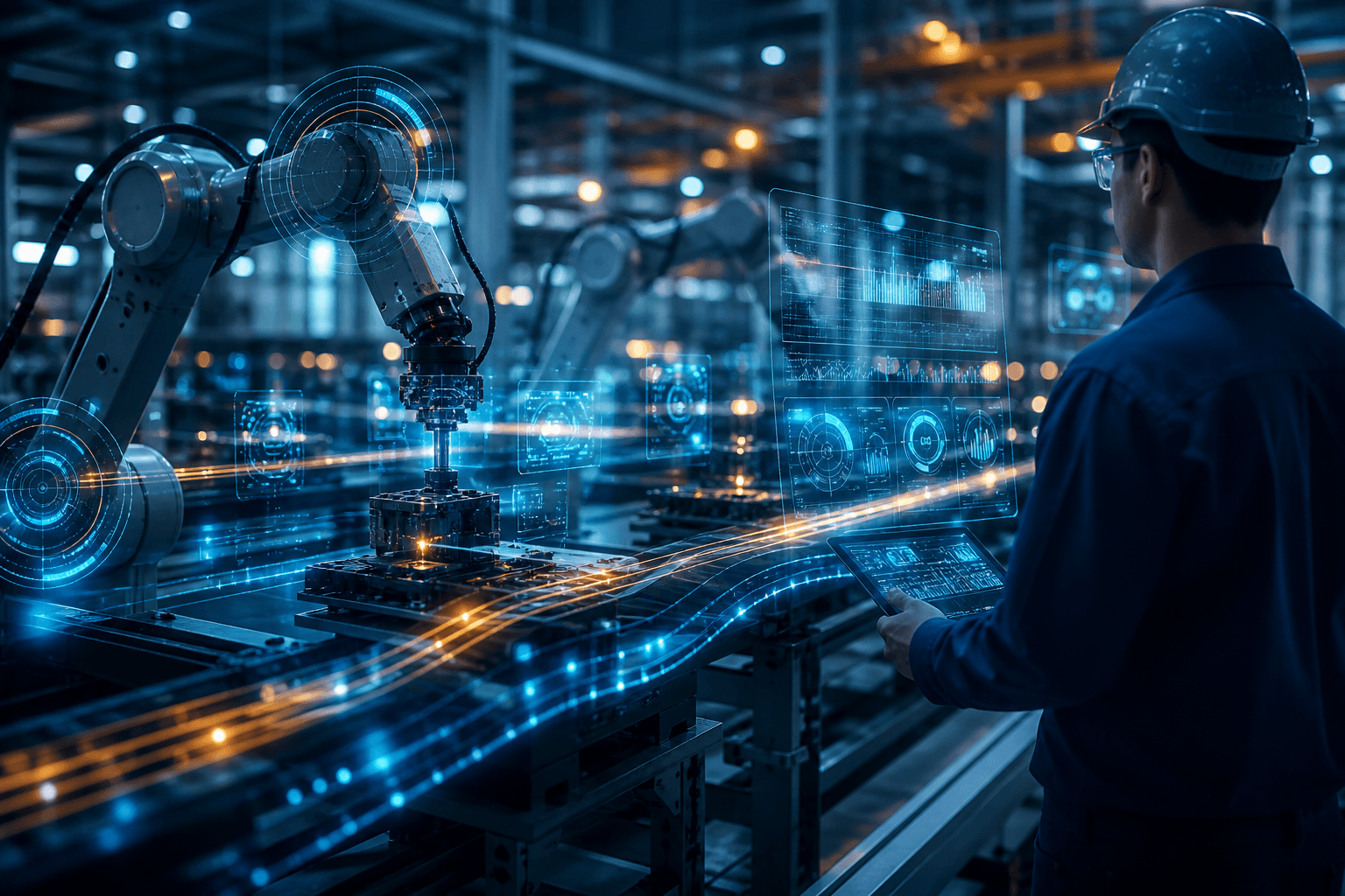 AI predictive maintenance sensors and data overlays on a modern manufacturing factory floor with industrial machinery