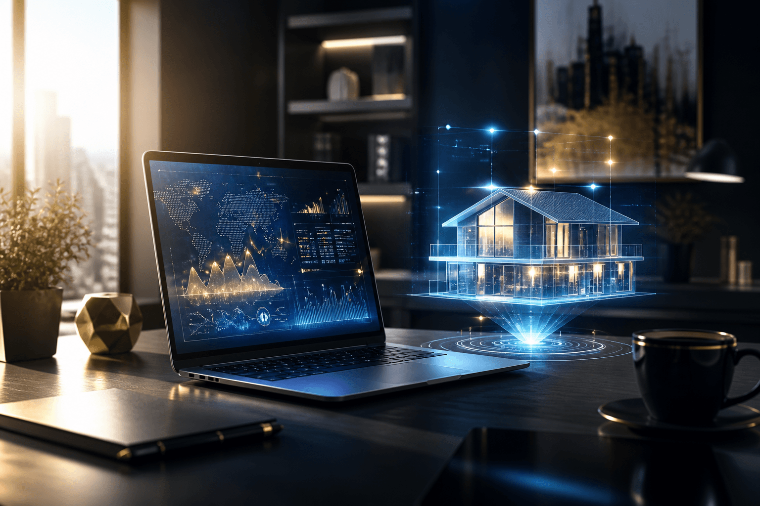 Real estate agent workspace with AI data visualization and holographic house model representing AI for real estate