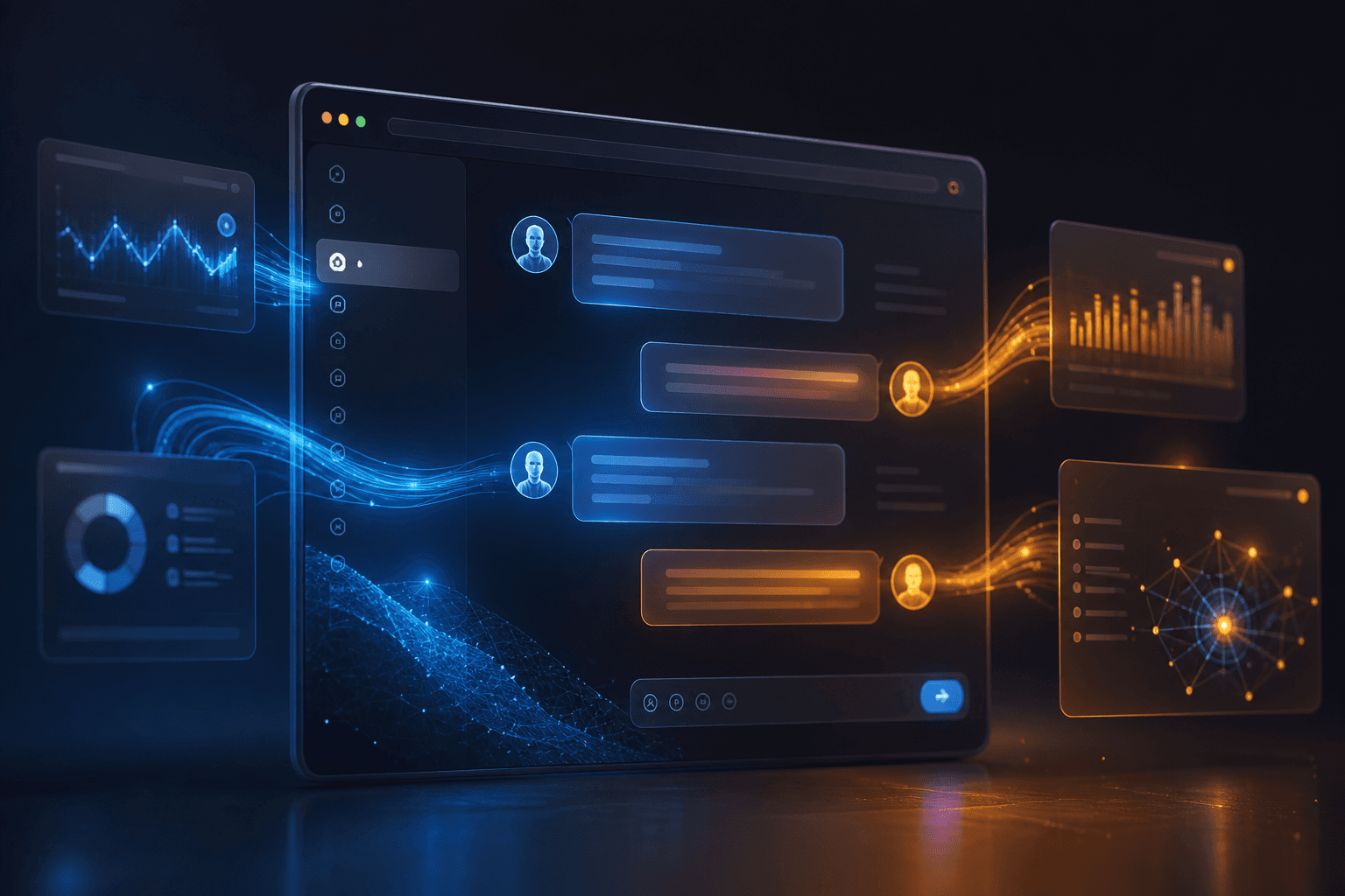 AI-powered website interface with glowing conversational data streams representing next-gen web development in 2026