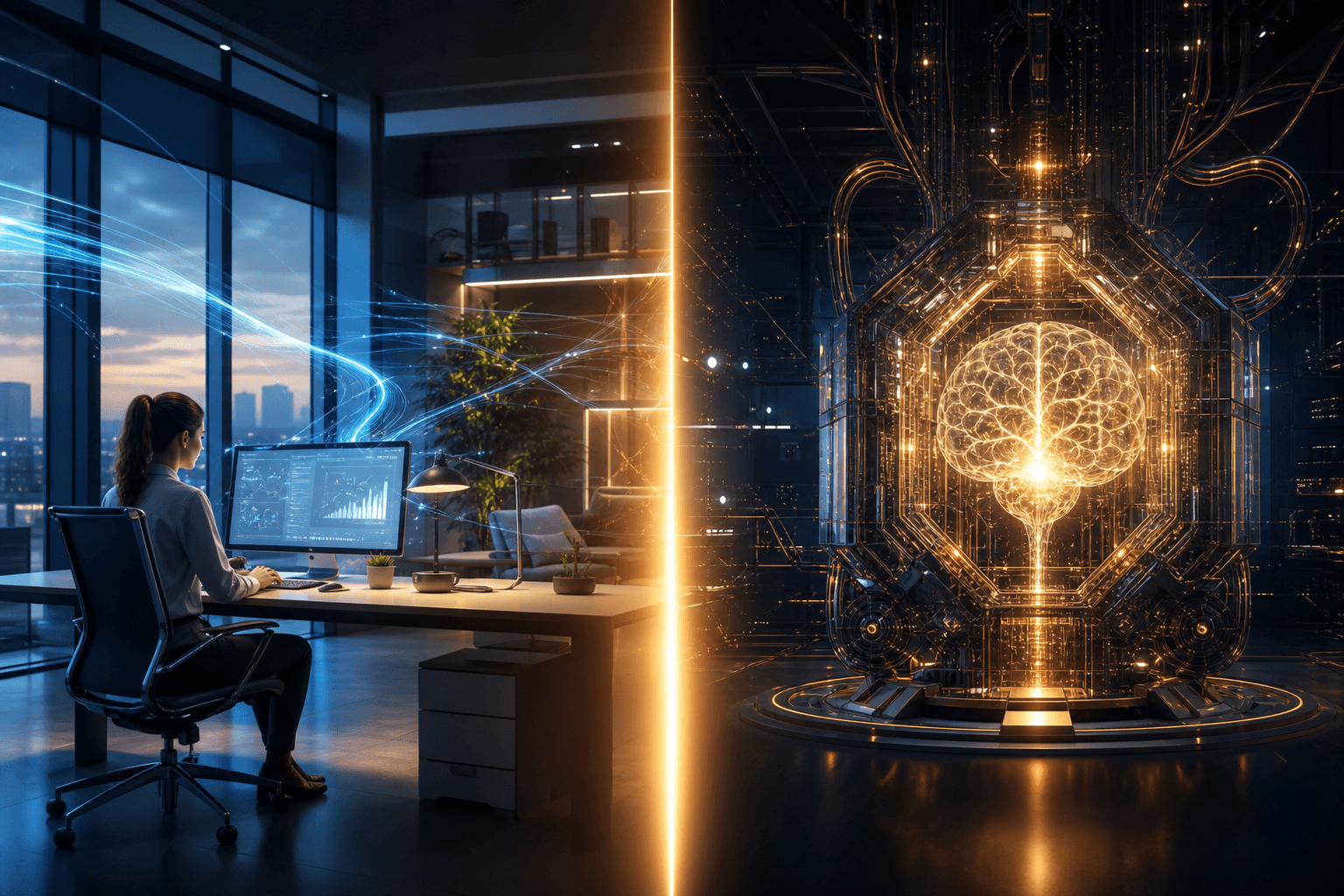 Split visual comparing Microsoft Copilot productivity AI versus a custom-built enterprise AI system