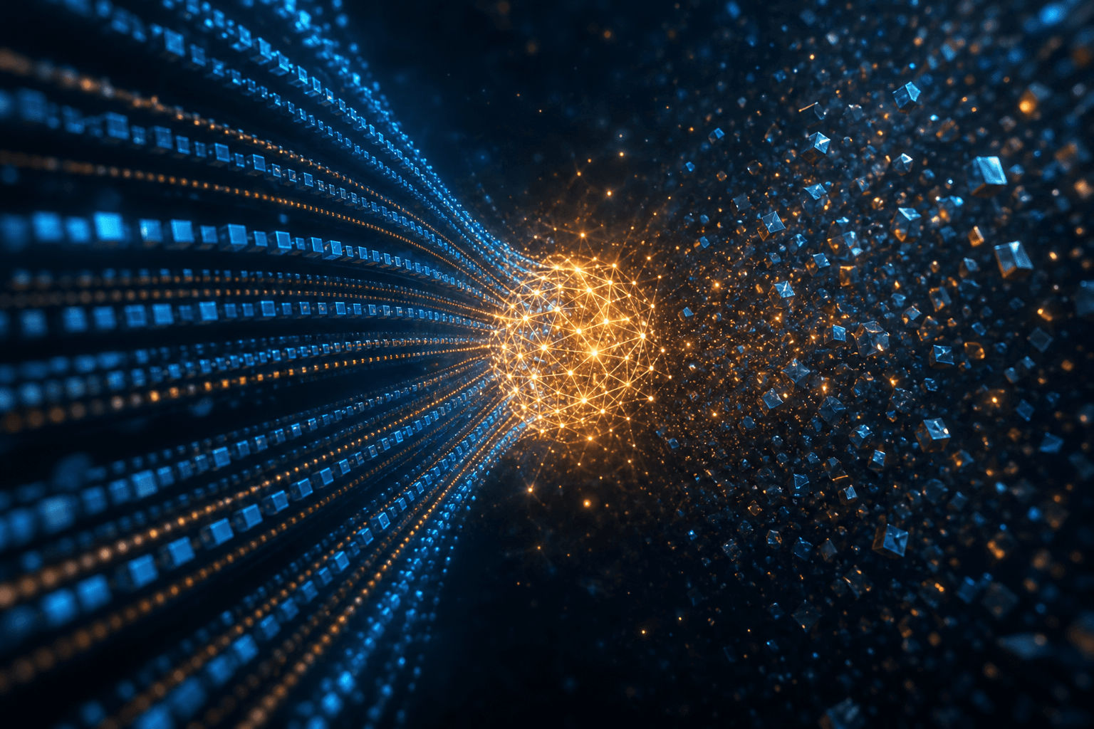 Structured data streams flowing into an AI core illustrating context engineering for successful AI projects